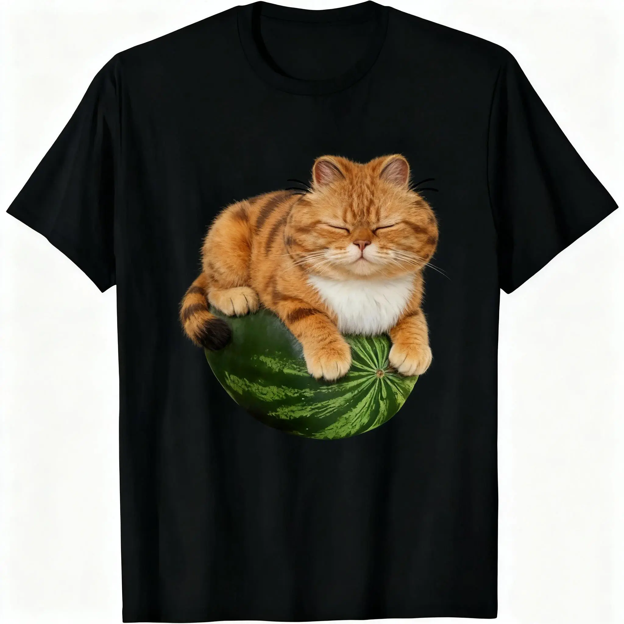 Women's Cotton Crewneck Short-Sleeve T-Shirt, Casual Fabric Watermelon Orange Garfield Cat Meme Stylish Unisex Top, Shortsleeve, Classic, Soft, Round Neck