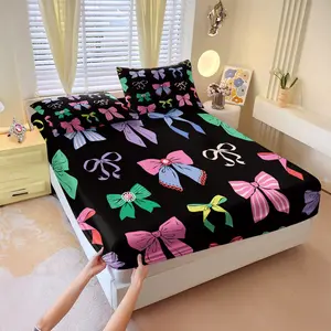 3Pcs Lovely Coquette Bow Printed Fitted Sheet Set, Sweet Y2K Style Bed Sheet Set, Soft Wrinkle-Resistant Microfiber, Vibrant Digital Print, Deep Pocket Design, Ideal for Girls Bedroom, Dorm & Guest Room All-Season Decor - No Filling