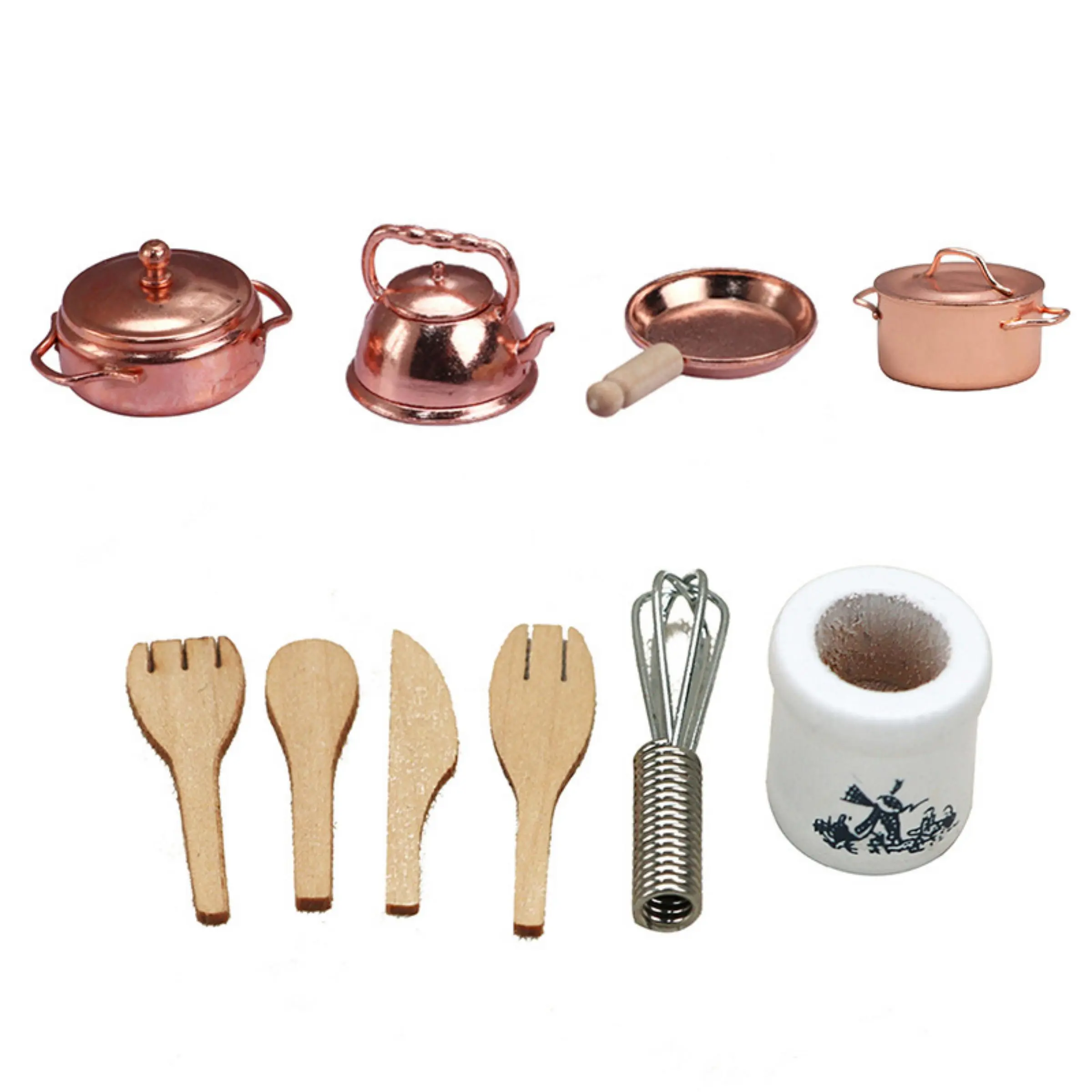 10pcs Retro Miniature Metal Kitchenware Set, Copper-Tone Cooking Simulation Utensils for Rustic Desktop Decor & DIY Hobbyist, Play Kitchen Accessories, Pretend Cooking Utensils, Wood & Alloy Craftsmanship, Non-Food Contact