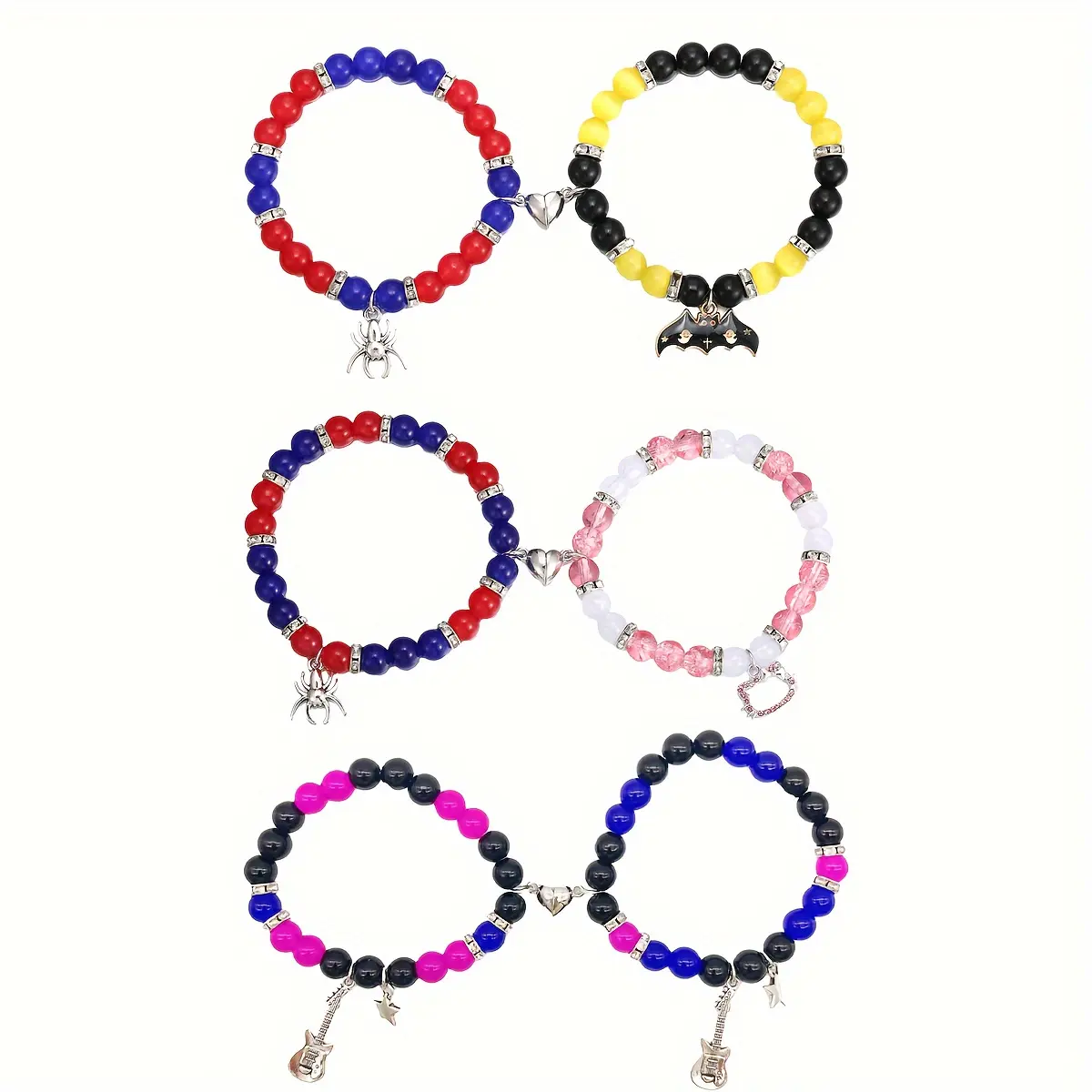 Spooky Cat & Spider Bracelets, 6-Piece Halloween Themed Set with Adjustable Elastic Bands, Cute Matching Jewelry for Adults & Teens