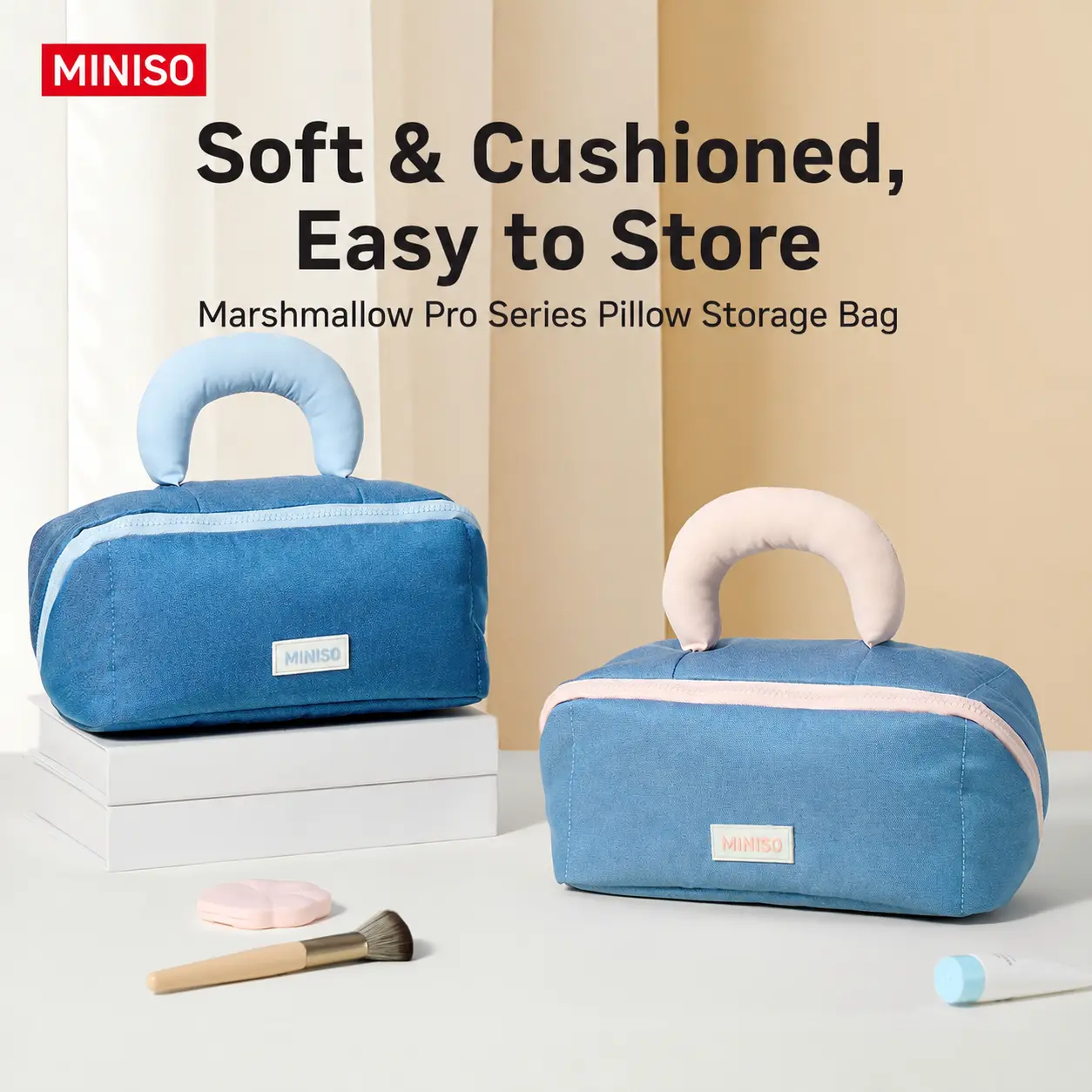 MINISO Marshmallow Pro Collapsible Pillow Storage Bag - Soft Fabric, Zippered Organizer Case with Compartments, Carry Handle for Home, Travel (Back to School)