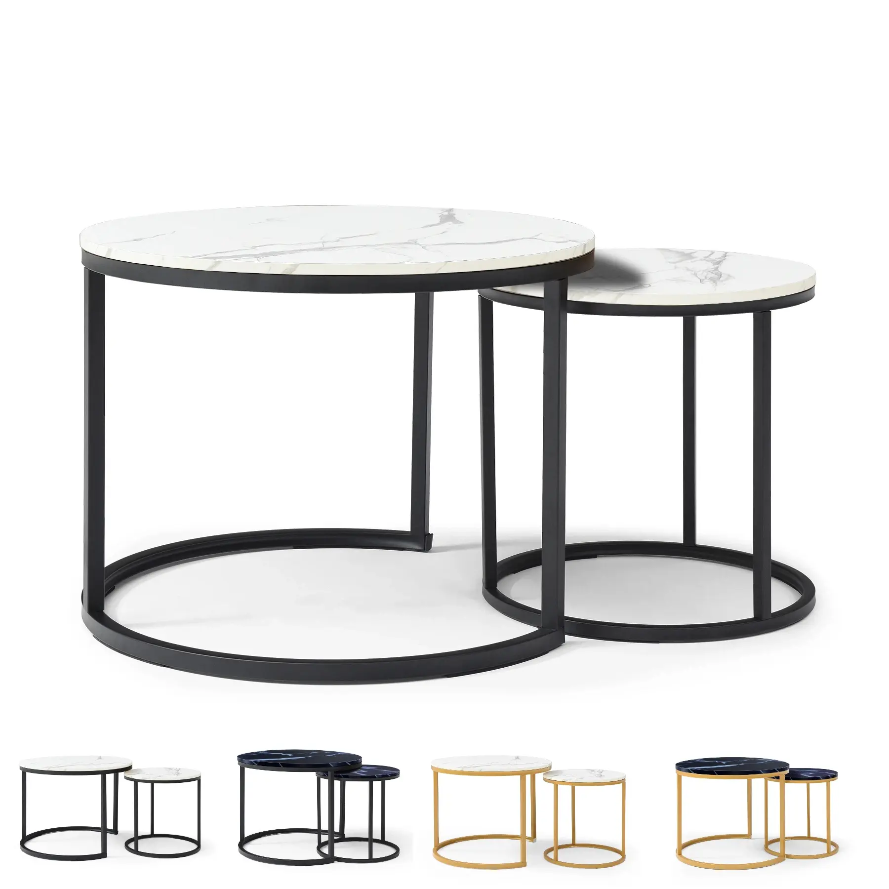 2 Pack Wooden Nesting Coffee Tables | Small Space & Rental Friendly | White Gray Marble Pattern Top Black Frame Round Tables for Student Dorm Apartment Bedroom Living Room