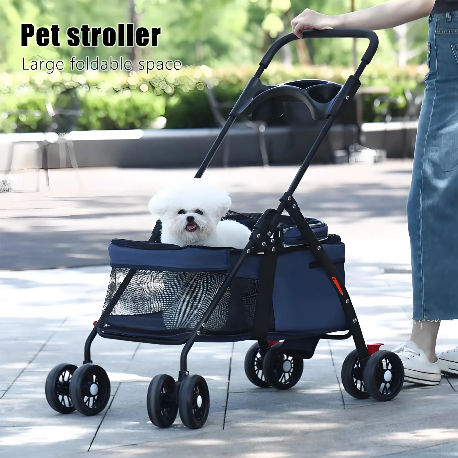 4 Wheels Dog Cat Stroller, Outdoor Travel Pet Folding Stroller, Dog Cat Cage Stroller with Cup Holder, Breathable and Visible Mesh for Small Dog