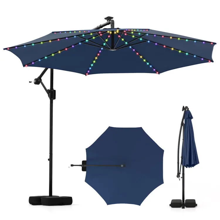 COSTWAY 10 Ft Solar Cantilever Patio Umbrella with Base Offset Hanging Outdoor Umbrella with 96 LED Lights 9 Modes Tilt Adjustment 360° Rotation Crank for Pool Yard Deck Lawn-Deals for You Days