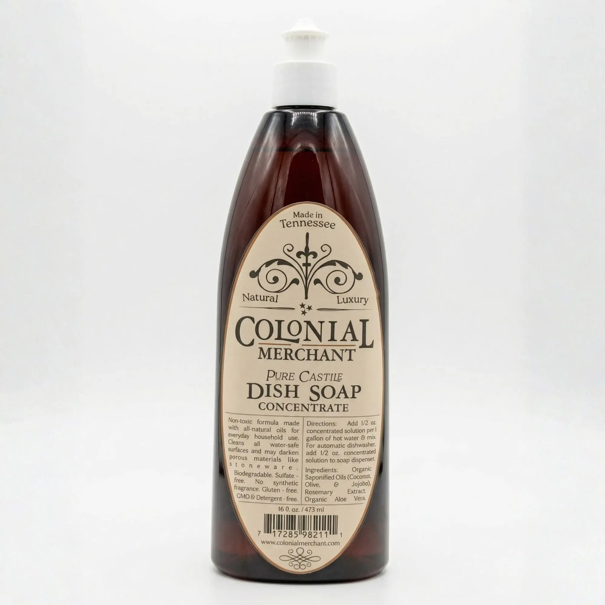 Colonial Merchant 16 oz. Pure Castile Concentrated Natural Dish Soap | Organic Oils, Rosemary Extract & Aloe Vera | Plant-Based Dish Cleaner