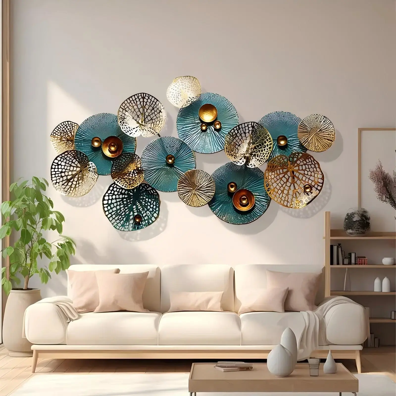 Bohemian Style Large Metal Wall Art 3D Lotus Leaf Sculpture Self Adhesive Glitter Floral Decor Reusable Multi Surface Handmade Gift Set for Living Room Bedroom Kitchen 50*26In Decoration Colorful Ornaments