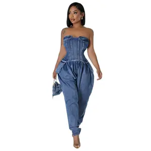 Women's Fashion Denim Jumpsuit - Sexy Strapless Sleeveless with Zipper & Pocket - Below the Ankle Hem - Summer Plain Style