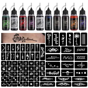 Temporary Tattoo Kit 10 Bottles Color Inks, 84 Pcs Stencils Kit for Body Paint DIY Tattoos Temp, DIY Fake Tattoo for Women Kids (Black*2, Cyan, Red, Green, Blue, Purple, Brown*2, Orange)