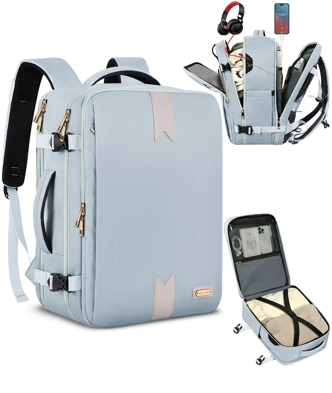 Basic Woven Polyester Travel Backpacks, Blue 40L Expandable Carry On, Flight Approved with USB Port & 15.6-Inch Laptop Compartment, Carry On Backpack, Flight Approved Backpack