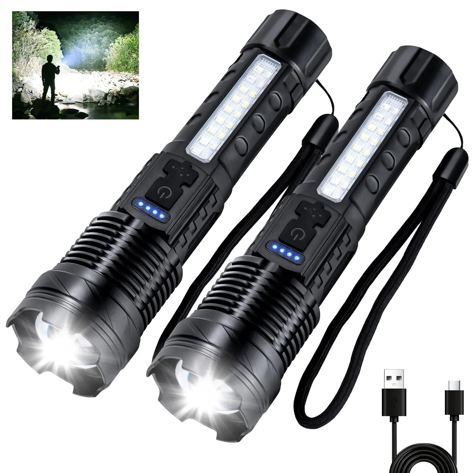 Rechargeable Flashlight High Lumens 2 Pack, Led Tactical Flash Light, Super Bright Flashlights with 7 Modes, USB C Charging, Cob Side Light, IPX6 Waterproof for Camping Emergency