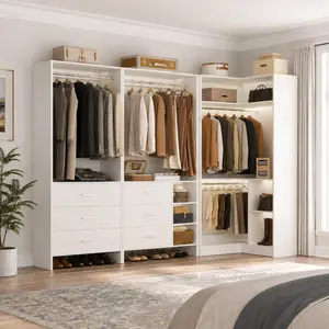 Freestanding Corner Closet System Set with Wooden Drawers ＆ Hanging Rods, Modular Reversible Walk-in Closet Organizer Wardrobe System with Shelves