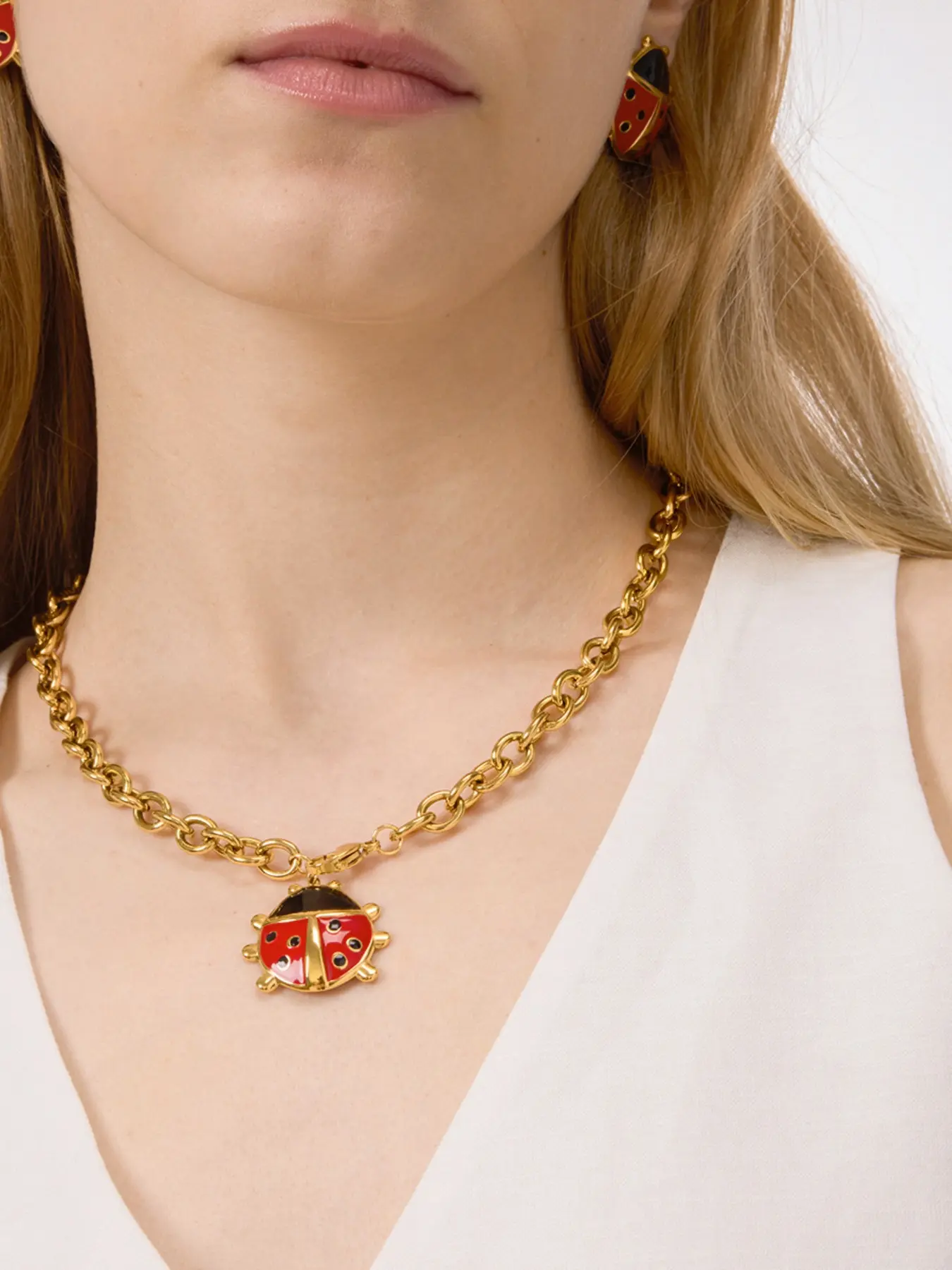 Ladies Necklace Red And Black Oil Dripping Ladybug Pendant Stainless Steel 18k Gold Plated Waterproof And Anti Allergy Classic Natural Fun And Artistic Jewelry For Girls