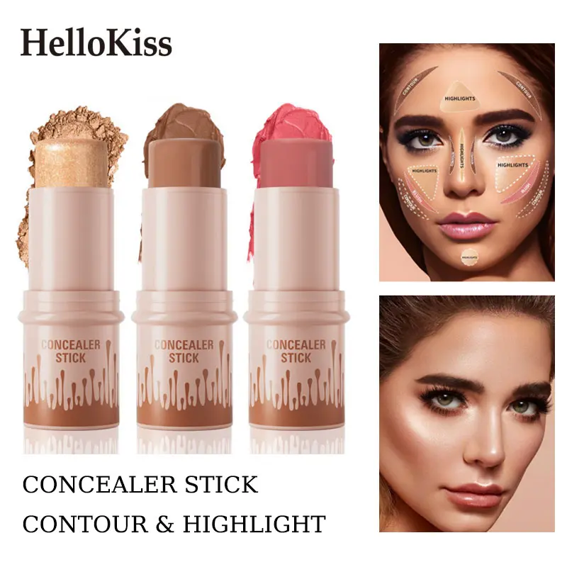3 Pcs Flawless Makeup Stick Kit - Lightweight, Long-Wear, Blendable Blush, Highlighter & Contouring Sticks with Portable Waterproof Concealer, Glowing Makeup Kits for Daily Use & On-the-Go Touch-Ups, A-Set