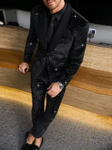 Manfinity AFTRDRK Men's Luxury Rhinestone Decorated Single-Breasted Blazer And Pants, Suitable For Daily Commute, Business, Party And Banquet Wear. This Suit Set Is An Indispensable Versatile Item In Men's Wardrobe, And A Great Gift For Boyfriend Or Husba