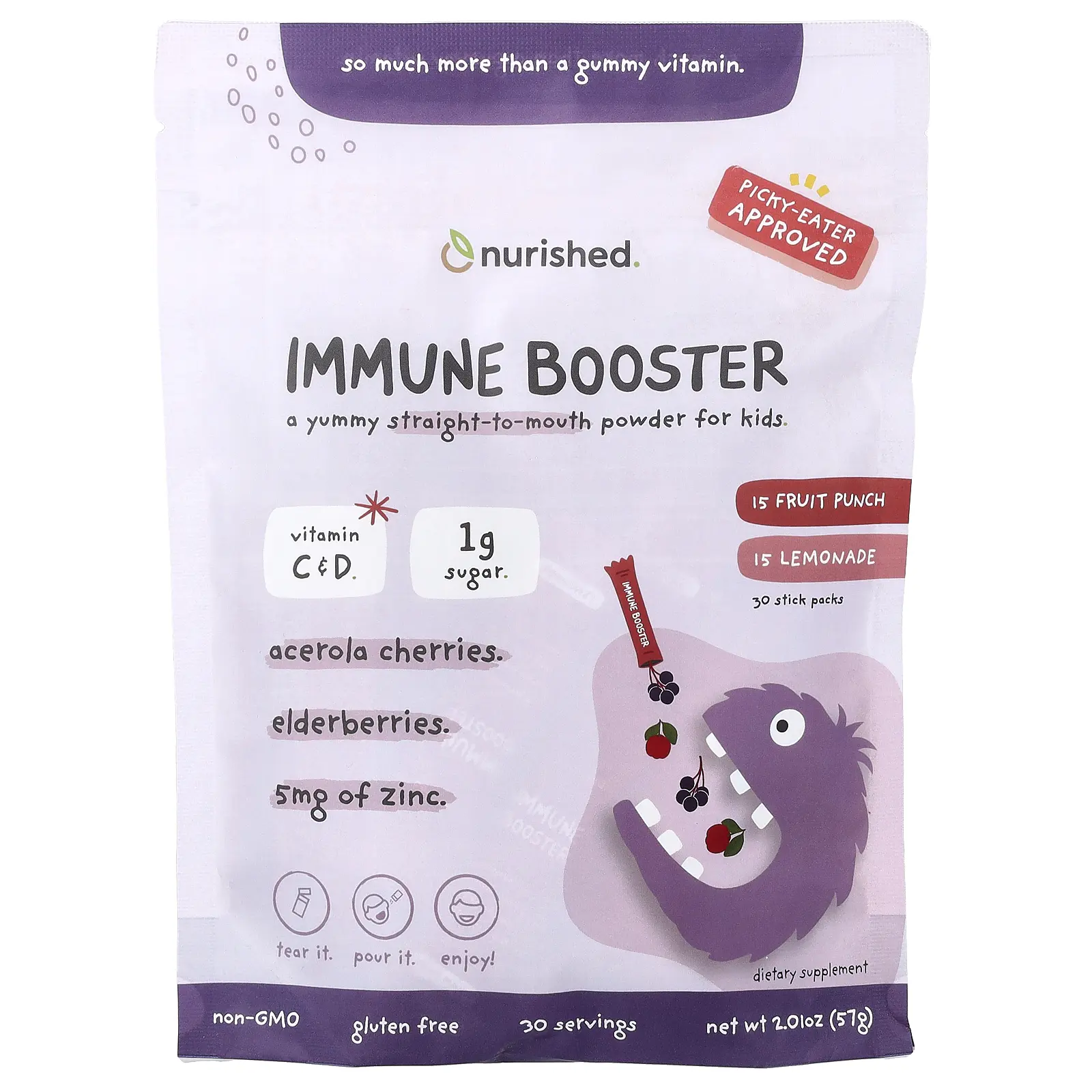 Nurished Immune Booster, Fruit Punch, Lemonade, 30 Stick Packs, 2.01 oz (57 g)