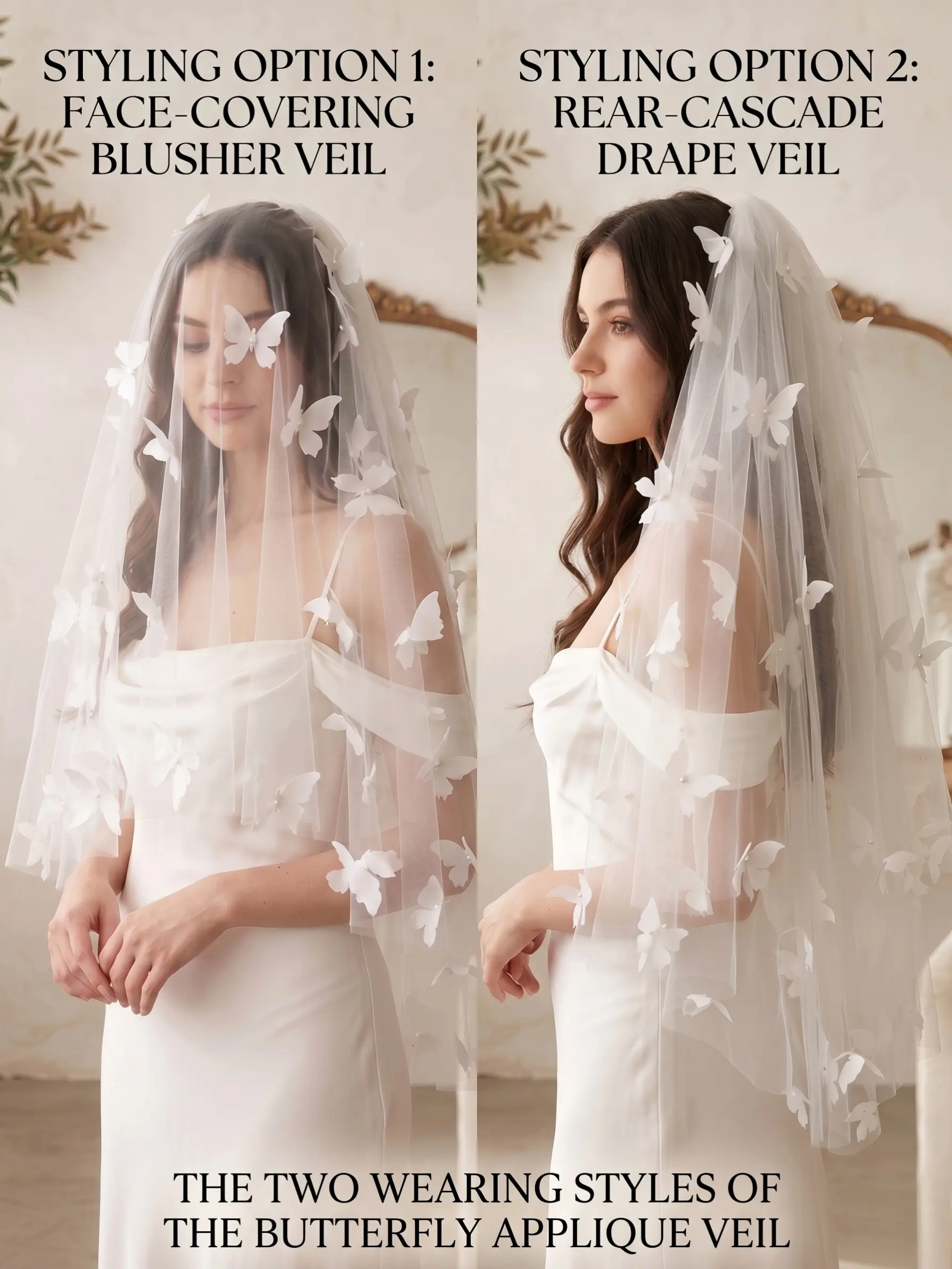 1.5m Bride Veil, 3D Butterfly & Pearl Decor, Multi-Layer Sheer Wedding Veil, Detachable Layers, Perfect for Bridal & Elopement Weddings