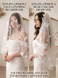 1.5m Bride Veil, 3D Butterfly & Pearl Decor, Multi-Layer Sheer Wedding Veil, Detachable Layers, Perfect for Bridal & Elopement Weddings
