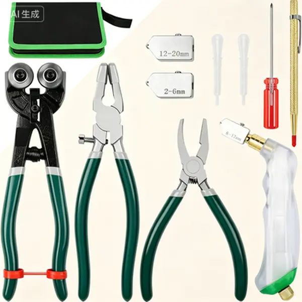 Professional Glass Cutting Kit with 5 Replacement Wheels, Heavy Duty Tile Nippers and Running Pliers for Stained Glass, Mosaics, and Glass Fusing Projects, Includes Curved Jaw Breaker Grozer Pliers