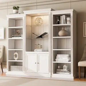 [SOIYELIFE] 78.75'' Tall 3-Pieces Bookcase Display Cabinet with 5 Colors Adjustable LED Ceiling Light, Retro style Bookshelves with tempered glass shelves for Living Room, Office, Studio or Workspace, White  Fine furniture