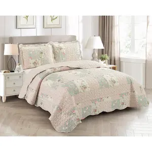 Rose and Sage Quilt Set 3-Piece Bedding, Traditional Patchwork Design, Washable Reversible Bedspread, Soft Lightweight Coverlet, All-Season Full/Queen, Light Pink Green