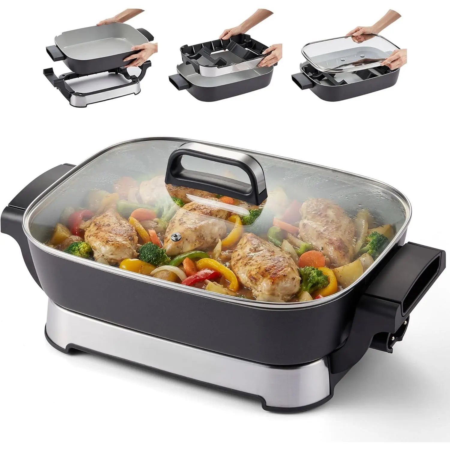 Rectangular 15"x12"x3" Foldable Space-Saving Electric Skillet - Ceralast™ PFAS-Free Ceramic Cookware, 1500W Rapid Heat, Dishwasher-Safe Pan & Lid, Quick-Release Probe, Modern Black/Grey Kitchen Appliances for Family Meals, Steam-Tender Meat