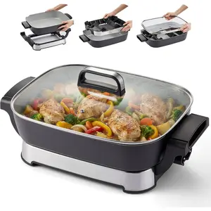 Foldable Stow-Away Electric Skillet, 15"x12"x3" Size, Ceralast™ PFAS-Free Ceramics, 1500W Rapid Heat, Dishwasher-Safe Pan and Lid, Black/Grey