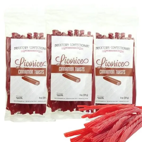 Cinnamon Licorice Twists Pack of 3 - Old Fashioned Christmas Candy, Fat-Free Chewy Licorice Candy, Fun Treat, Delicious Snack, Christmas Treats - Soft & Chewy Texture with Bold Fresh Flavor (Total 24oz)