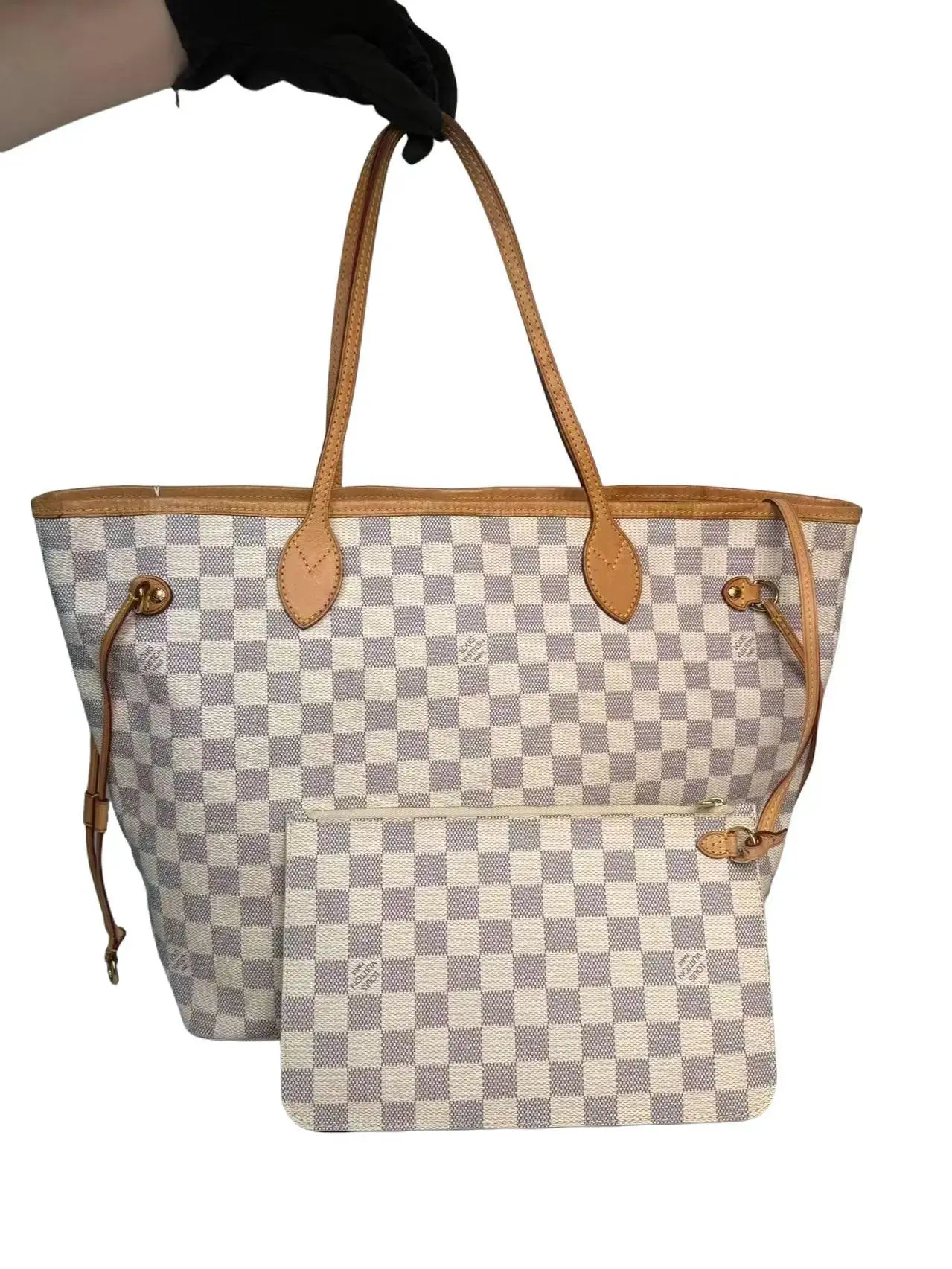 Pre-owned Louis Vuitton Coated canvas with leather trim Tote Bags Neverfull Damier Azur (White/Blue Checkered) Coated Canvas Tote Bag with Leather Trim & Natural Vachetta Leather, Gold, Lightweight Travel Bag, Removable Zip Pouch, Excellent Condition, S01