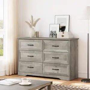 Gray Dresser For Bedroom With 6 Drawers, Wood Drawer Dresser Chest Of Drawers For Closet, Living Room, Hallway, Nursery, Kids Bedroom