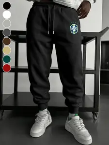 Simple Team Emblem Casual Sports Sweatpants, Low Profile Design, Brazil Logo Print, Fitted Style, All Seasons Wear, Fan Gathering, Sports Bottoms