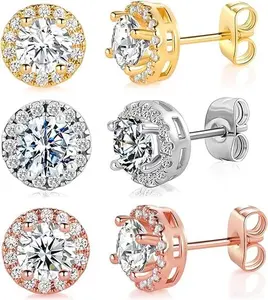 GEMSME Unisex 1CT 3-Pair 3-Color 6.0mm Round Cut Cubic Zirconia Halo Hypoallergenic Ear Studs Set, White Stud Earrings for Women Men, Cz Fashion Jewelry Accessories (E-0605-4)