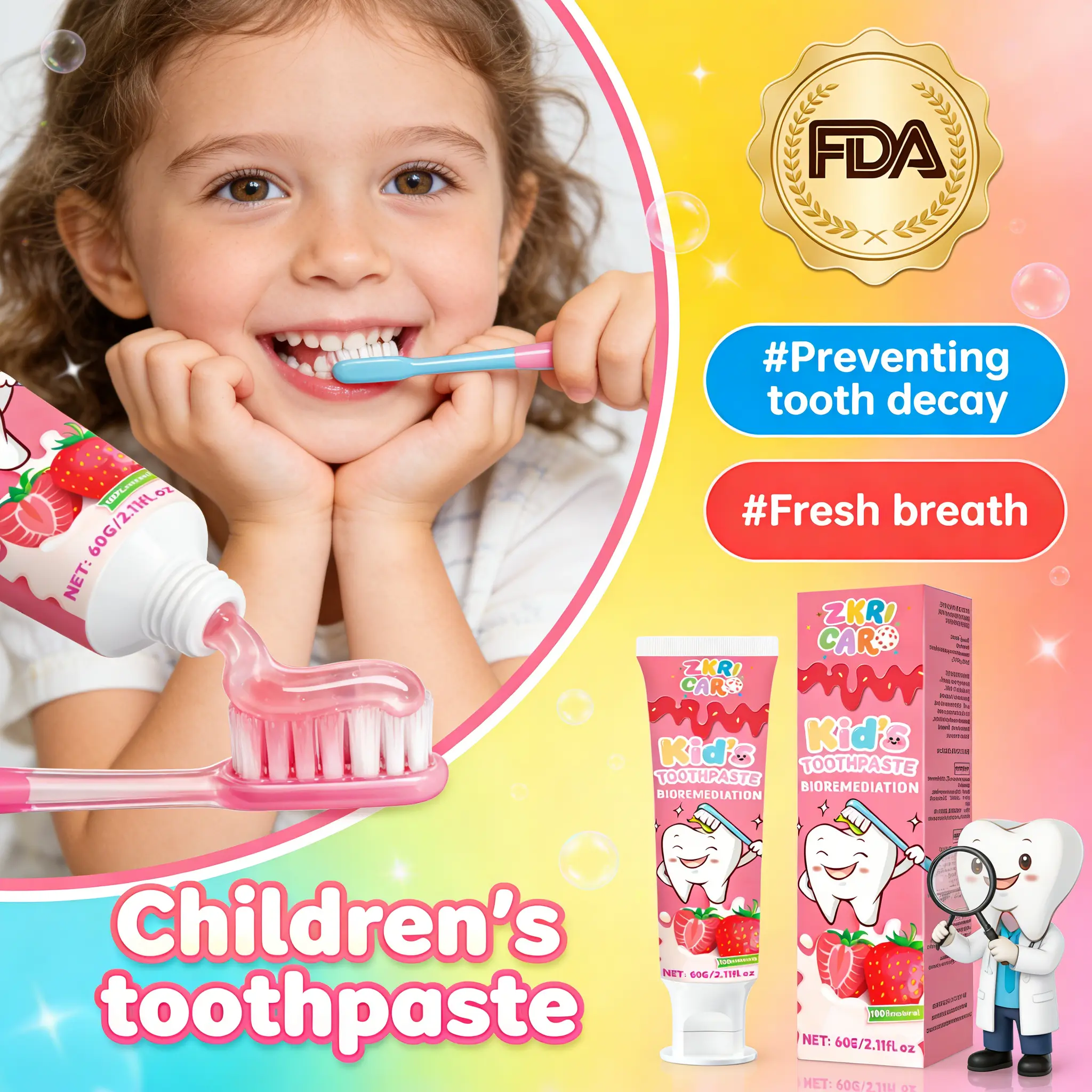 Professional Kids Toothpaste with  | Science-Based Formula for Cavity Protection | Strengthens Tooth Enamel & Fights Plaque | Mild Fruity Flavor | 60g for 3+ Years Old Oral Oral Brush Foam Foaming Gentle Radiant Whitening