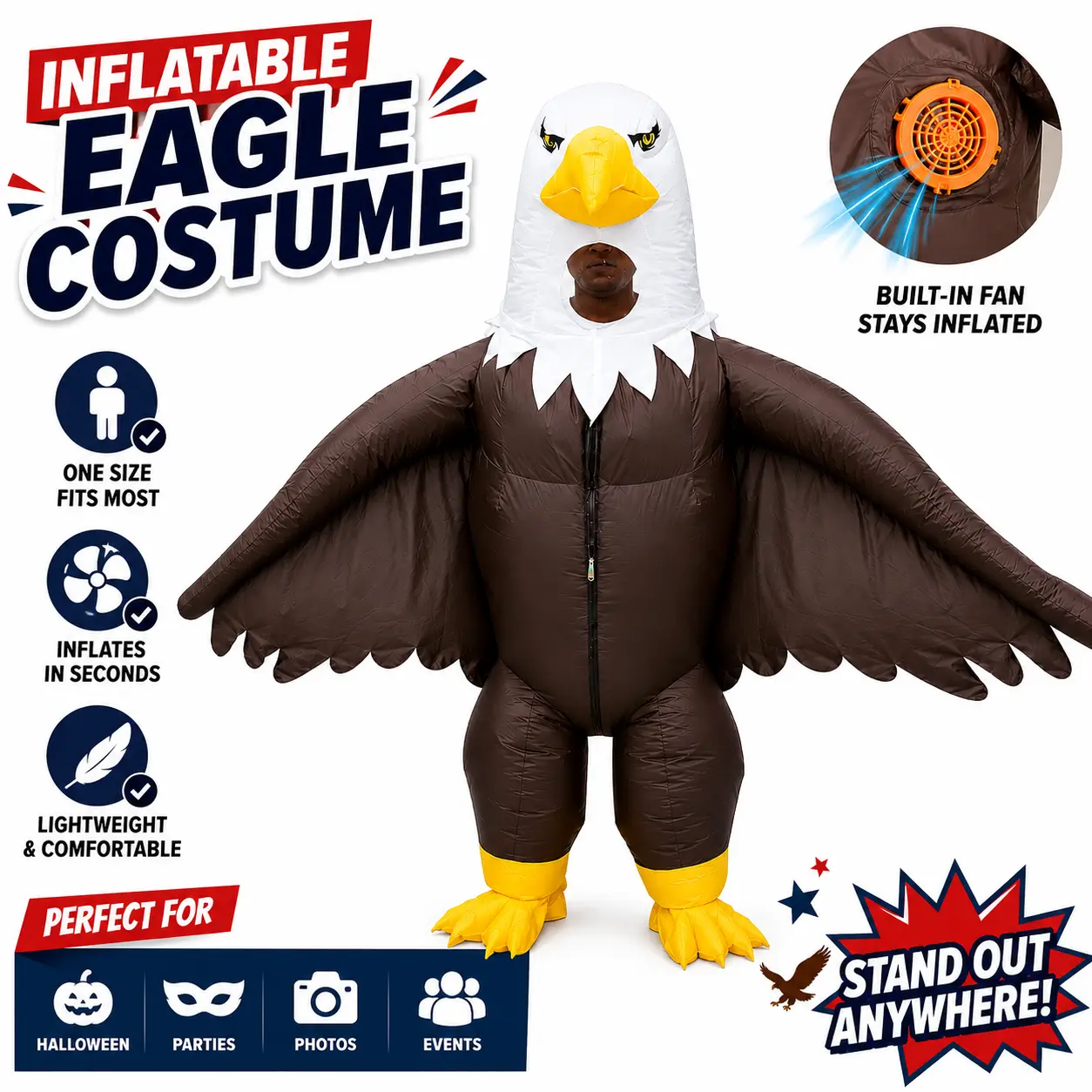 Inflatable Bald Eagle Costume for Adults Fits Up to 5.8 ft & Under 160 lbs Funny Patriotic Bird Suit for Halloween Party Cosplay