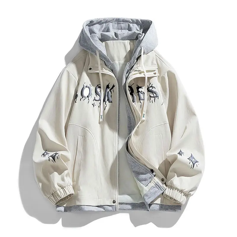 Men’s Faux 2 Piece Hooded Long Sleeve Menswear Tops Stylish Zip Up Streetwear Jacket with 3D Graffiti Letter Graphic Print, Oversized Loose Fit Casual Outerwear for Daily Wear, Urban Streets