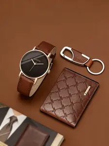 Men's PU Leather Quartz Watch Set with Wallet Keychain, Round Analog Dial, Casual Style, Perfect Gift for Husband