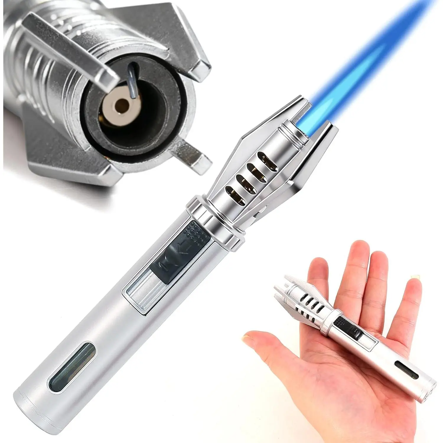 Non-hazardous lighter, Butane lighter,Mini Torch Lighter with Fuel Window - 5" Refillable Butane Jet Flame, Windproof Pocket Lighter for Camping, Hiking & Home Use (Silver)