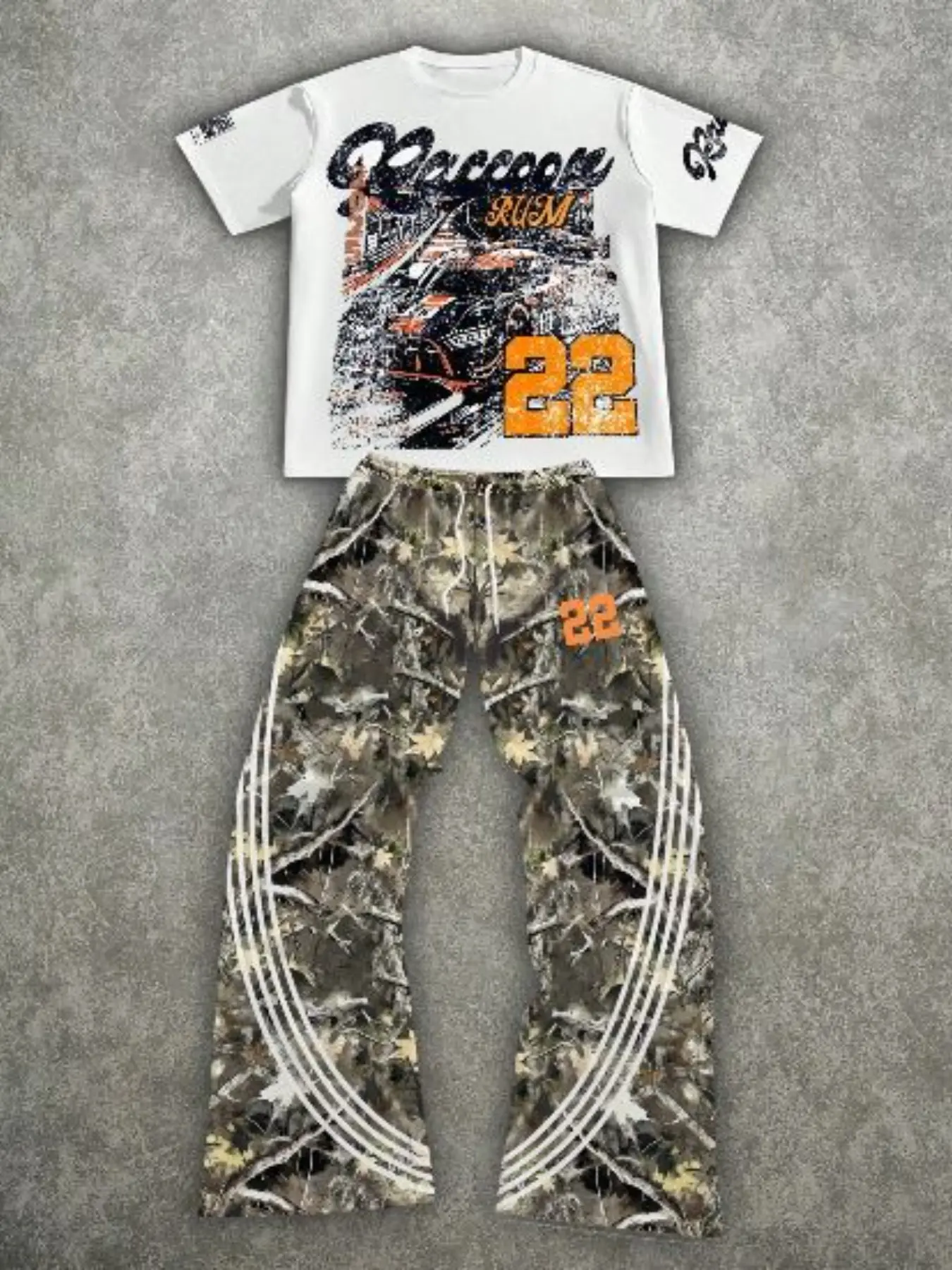 2-Piece Set Camouflage Striped Faded Distressed Short Sleeve T-Shirt & Sport Pants, Casual Activewear Above-The-Knee Fitted Suit, All-Over Print