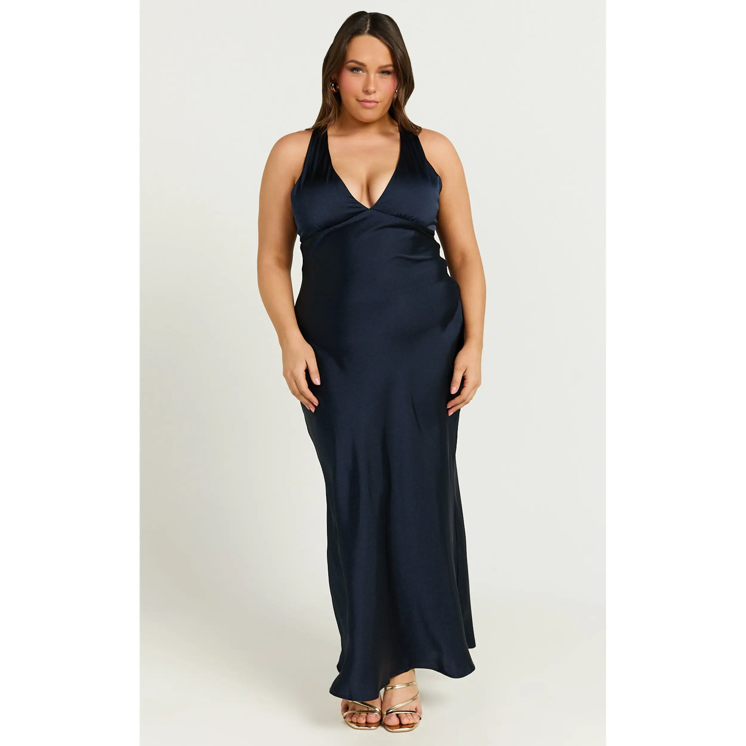 khalani midi dress deep v neck satin slip dress Khalani Midi Dress - Deep V Neck Satin Slip Dress in Navy