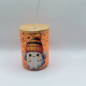 Glass slow flow Ghost snow globe mug with handle ,bamboo lid and plastic straw Drinkware