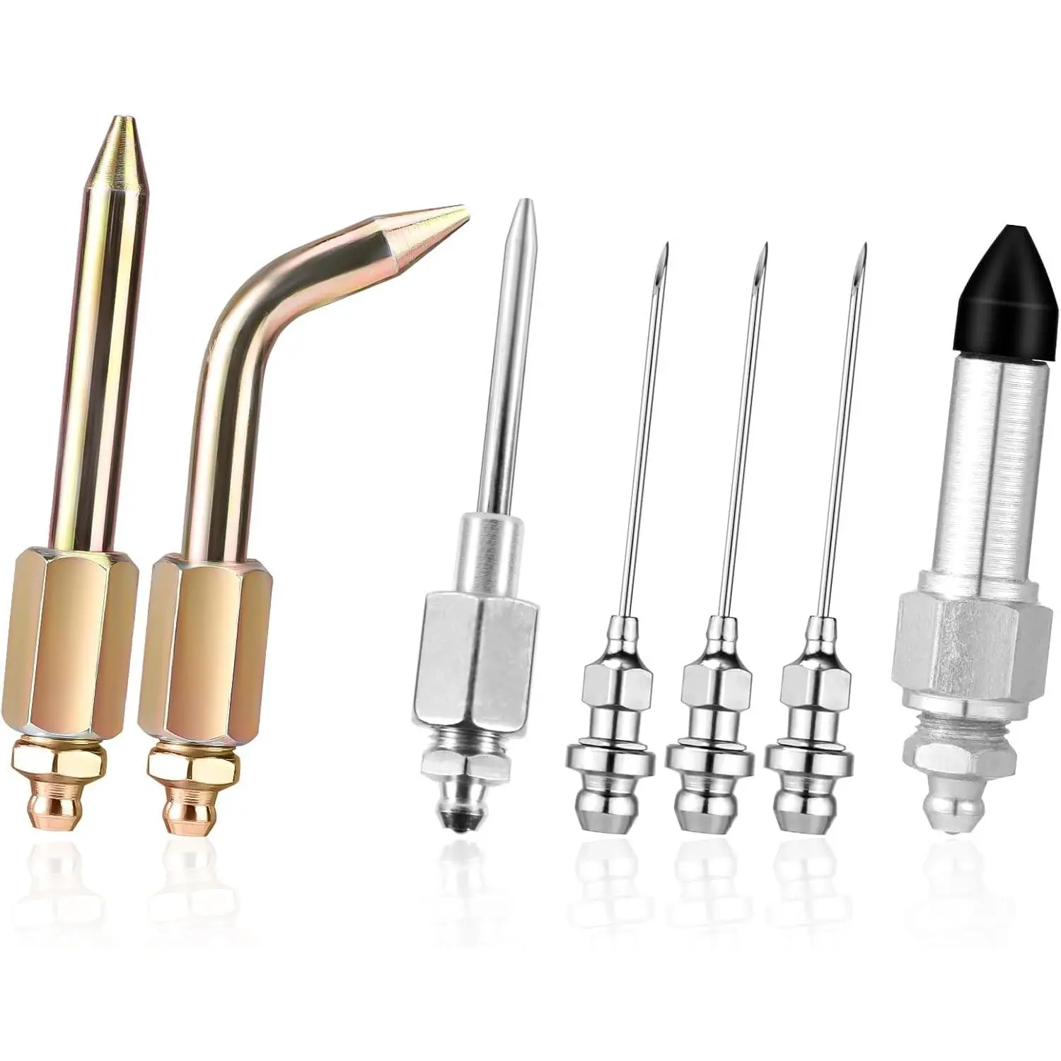 7pcs Grease Gun Accessory Kit, Including 3 Grease Nozzle 1 Needle Dispenser Rubber Tip Joint Nipple Straight Nozzle 1 Needle Elbow Fitting Adapter Coupler for Small and Confined Spaces, 1 Set X Grease Gun Accessories Set, All Seasons