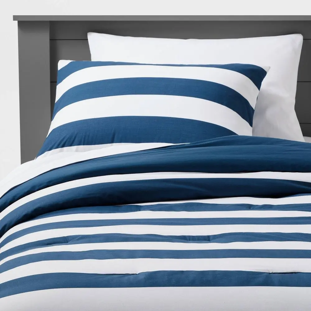 Pillowfort Rugby Striped Bedding Set - Soft Cotton Touch for Calm Bedtime Comforter, Envelope Closure Pillow Sham, Easy Fit Design, Envelope Closure, Easy Fit
