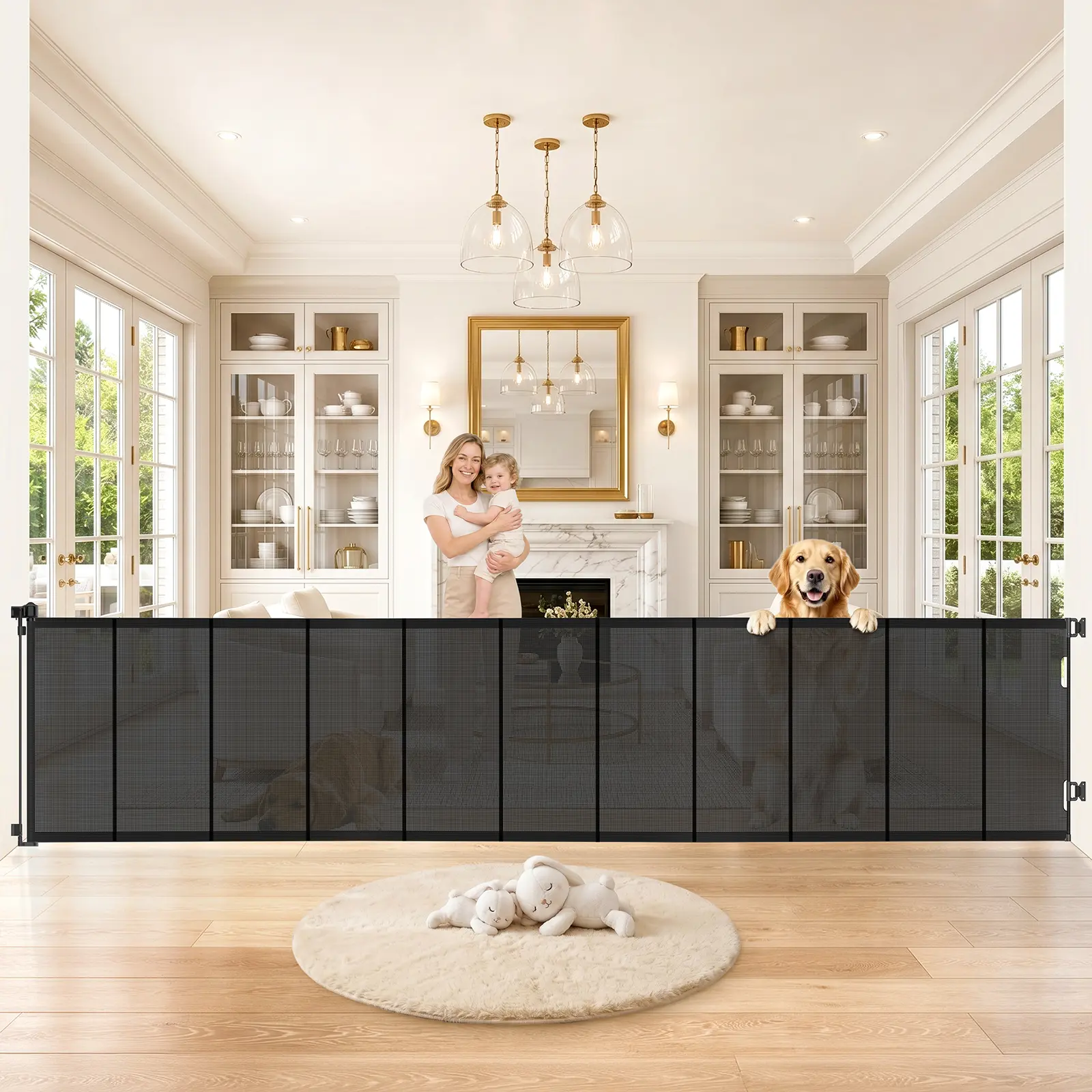 Pawtners Extra Wide Retractable Baby Gate, 34" Tall Mesh Safety Gate for Babies & Dogs, Expands 46" 71" 80" 120" 150" 200" for Large Openings, Stairs, Hallways & Doorways