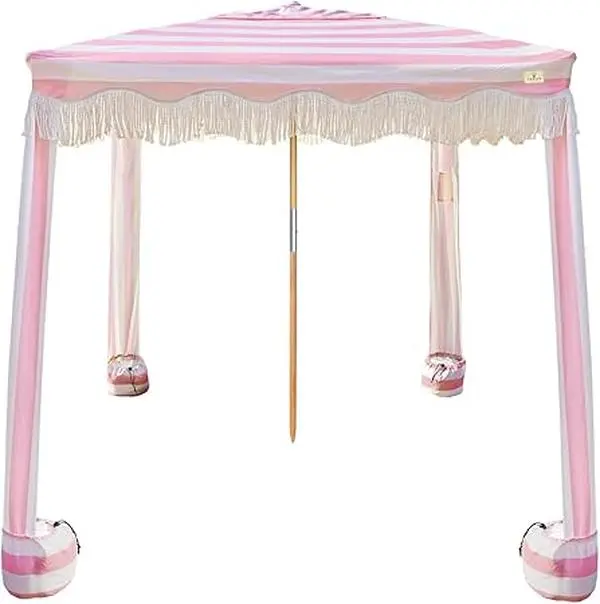 AMMSUN Boho Beach Tent with Fringe & Tassels, 7'x7' Pink Rose Stripes Canopy, Premium Wood Pole, Sand Pockets, Easy to Set Up, UV Protection, Provides Shade for Sand & Garden (Sports & Outdoor Camping Accessory), Water Resistant, Romantic, Sturdy Frame, 7