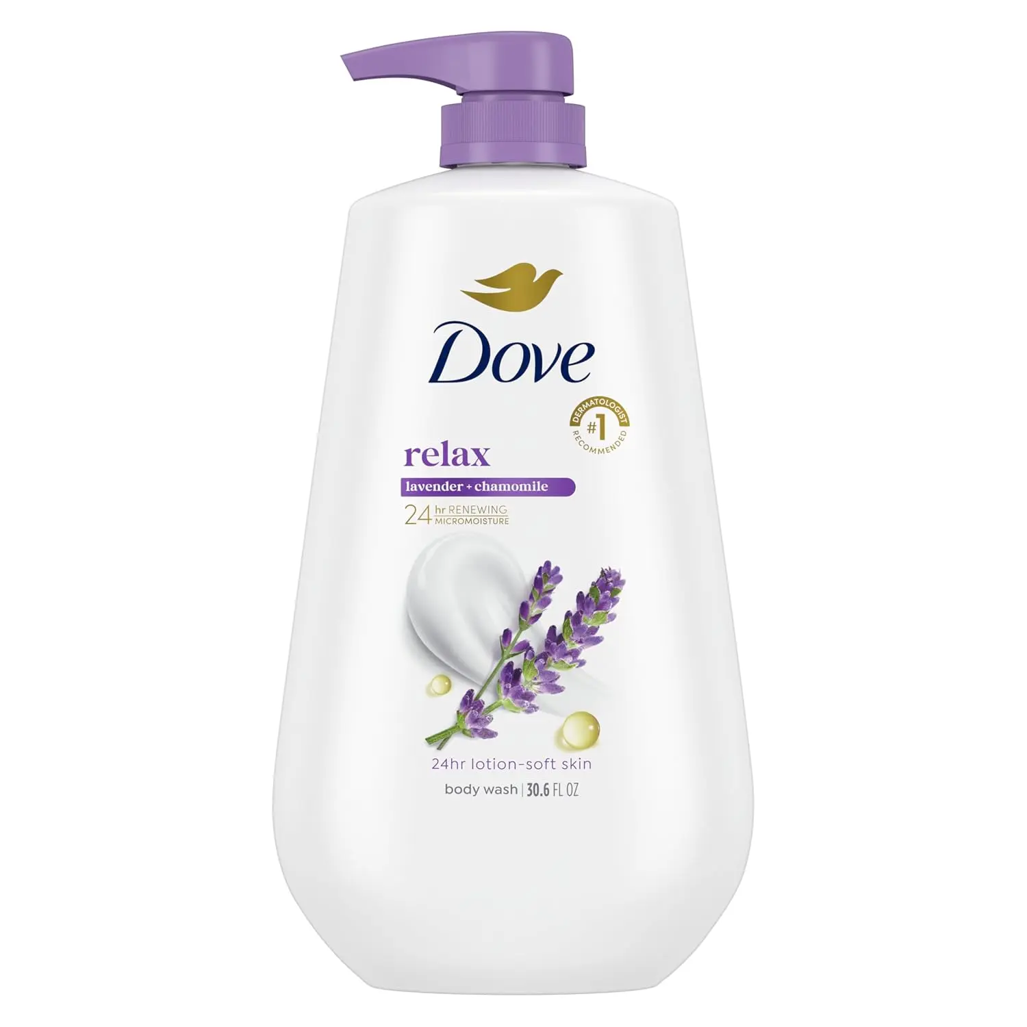 Body Wash Relax Lavender Oil & Chamomile 30.6 oz Pump, Sulfate Free | Dove Lavender & Wildflower Tea Body Wash hydrates skin for 24 hours with calming lavender scent and MicroMoisture technology.