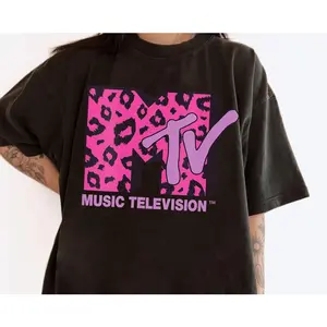 Womens MTV Logo Pink Leopard Print T-shirt, Music Television MTV Logo Tee, Retro 80s 90s Style MTV Tee