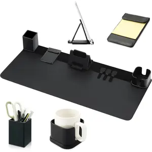 Desk Pad and Organizer Set, 6 in 1 Mouse Pad PU Leather with Desktop Accessories Essentials Organization, Desk Mat, Cup Holder, Tablet Holder, Pen Stand, Cable Management for Office and Home