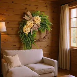 Rustic Style Hydrangea Flower Wreath Hanging Decor, Farmhouse Home Butterfly Knot Wall Mount Wreath, Door Decoration Ornament