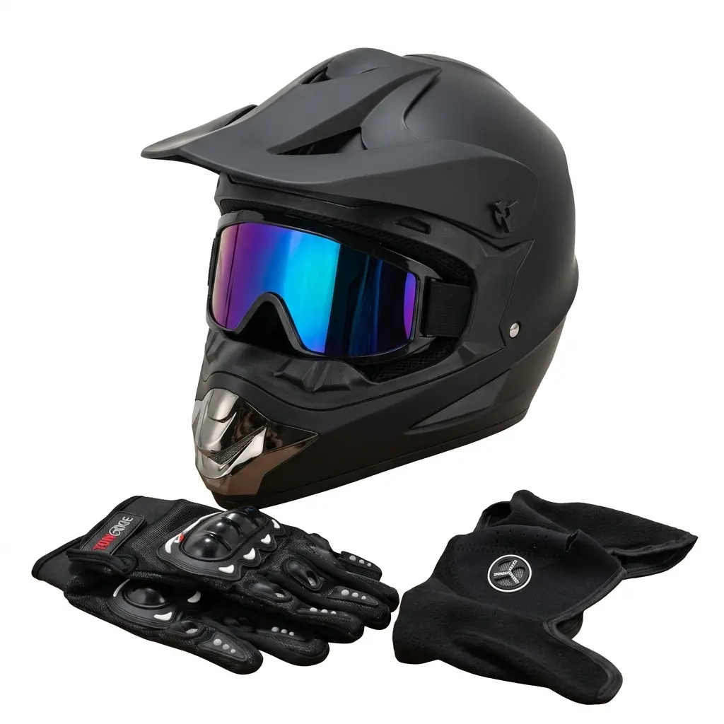DOT-Certified Lightweight Adult Full-Face ATV Trail Helmet Bundle - ABS Sporty Protective Gear with Sun Visor, Dust Goggles, Anti-Slip Gloves, Face Cover for Trail Riding, Motorcycle Adventures (Multi-Size), Full-Face Atv Helmet, Multiple Vents