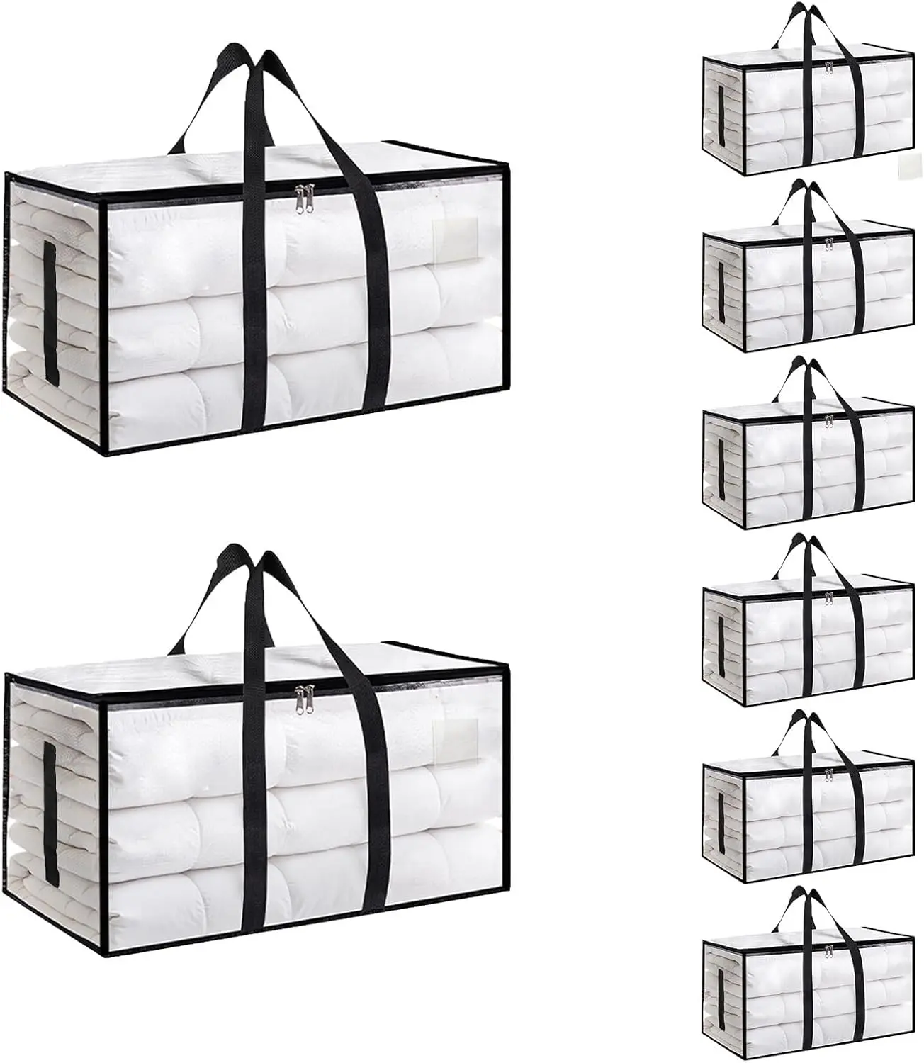 8 Pack Extra Large Heavy-Duty Waterproof Plastic Moving & Bagged Storage Bags with Reinforced Handles, Heavy-Duty Zippers, Clear Lids - Organization Totes for Clothes Packing, Dorms - Storage Solution