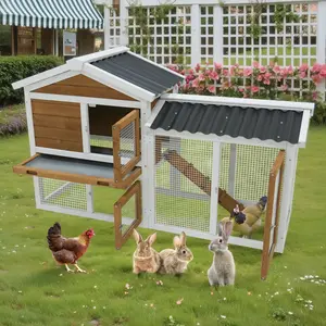 58" Natural Wood Rabbit Cage for Small to Medium Pets, All-Season Use, Waterproof Sloped Roof, Removable Cleanup Tray, Orange-Yellow and White Color